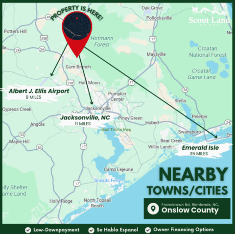 Property boundary view of 143.2 acre tract in Onslow County North Carolina