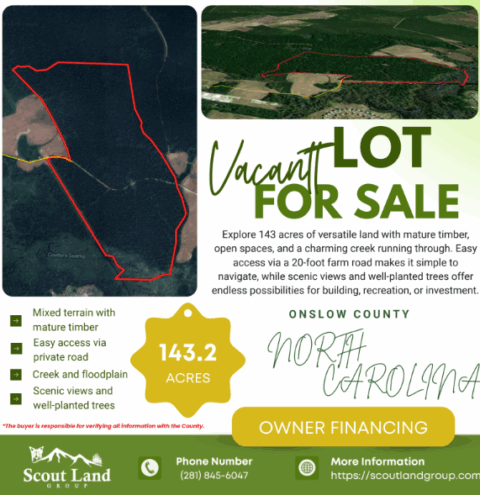143.2 acre unrestricted wooded property for sale in Onslow County North Carolina - aerial overview